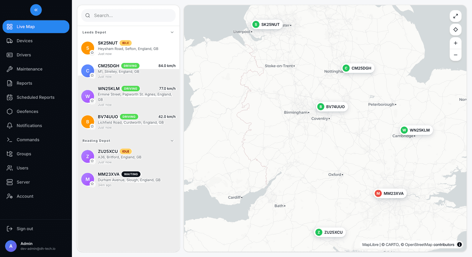 Live fleet map showing vehicle locations across the UK